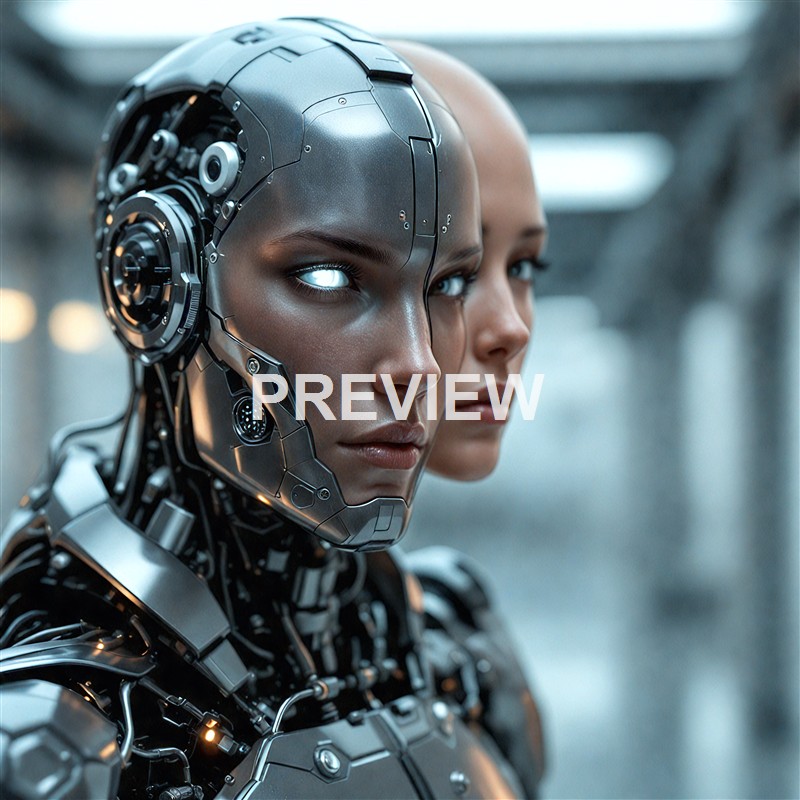 A close-up of a female cyborg with half of her face showing human features and the other half featuring advanced metallic and robotic components, with a blurred background.